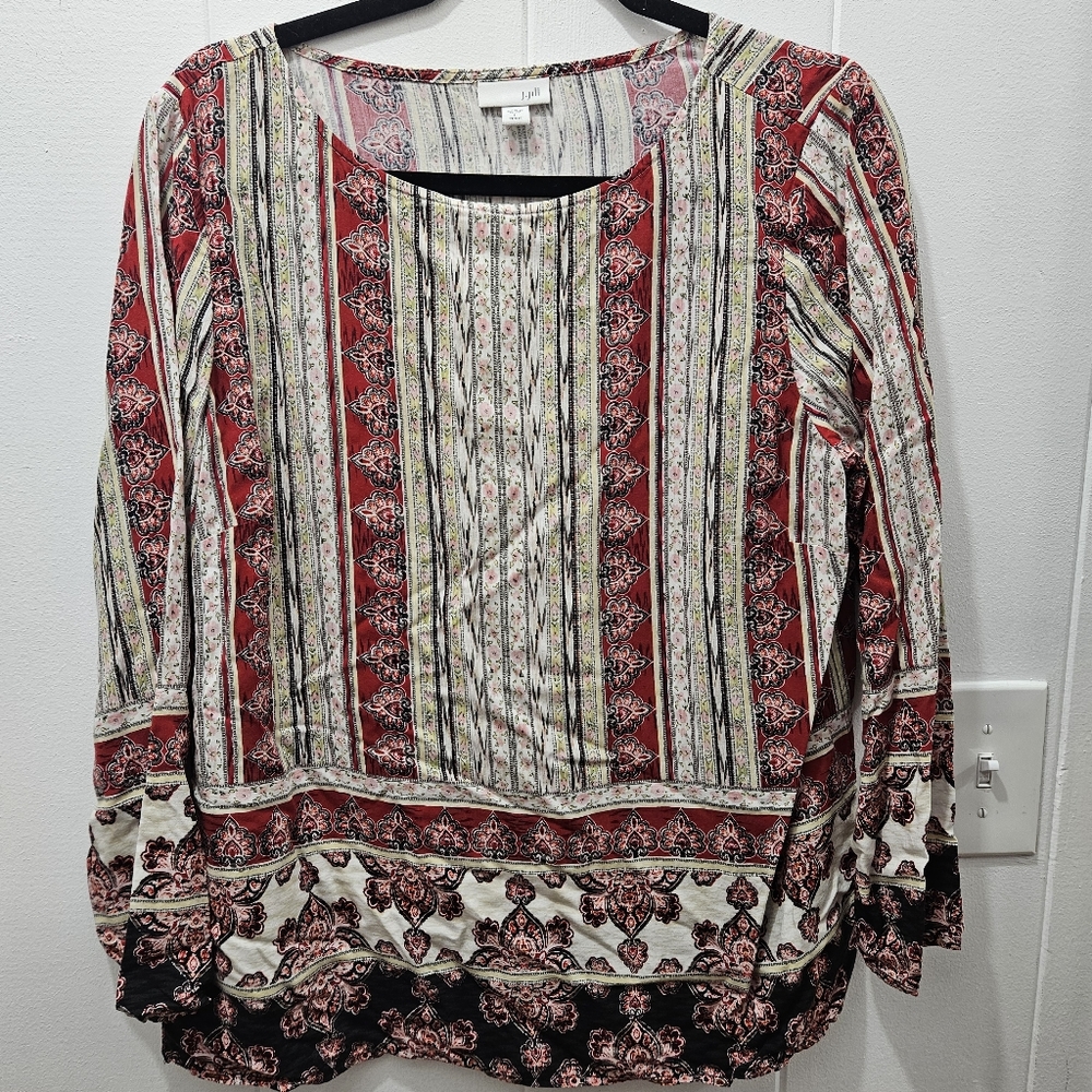 J.Jill Geometric Red Multicolor Long Sleeve Ladies Career‎ Blouse Large Petite